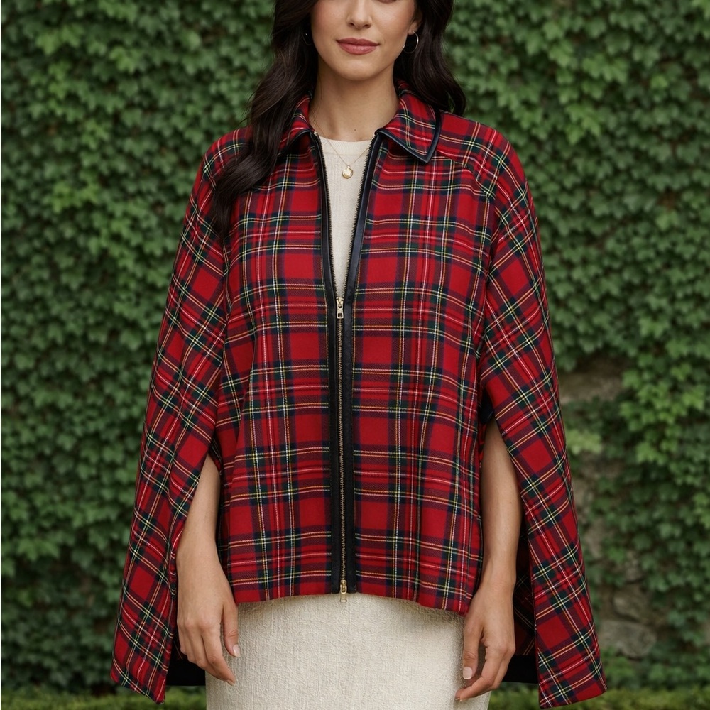 TRINA TURK Teodora Red Plaid Cape, One Size